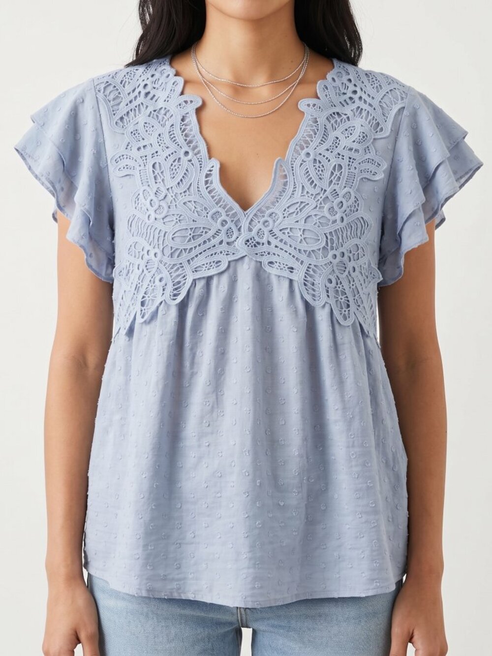 NWT | Falechay Dusty Blue Swiss Dot Top | Front Lace Ruffle | 2XL